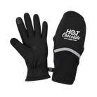 A pair of black winter gloves. One glove is oriented to show the back of the hand with a black touchscreen-compatible tip, and the other shows the palm side with a reflective 'HOT Chocolate RUN' logo and gray band near the cuff.
