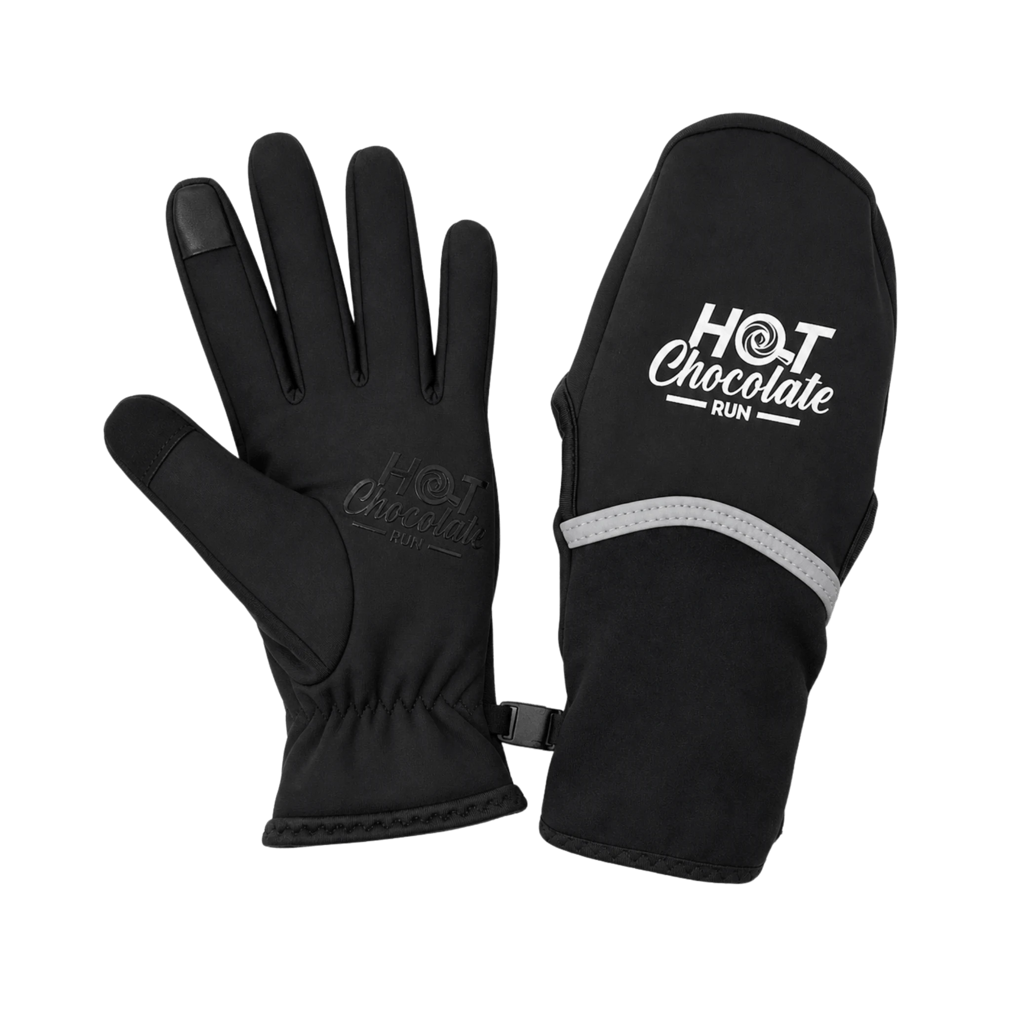 A pair of black winter gloves. One glove is oriented to show the back of the hand with a black touchscreen-compatible tip, and the other shows the palm side with a reflective 'HOT Chocolate RUN' logo and gray band near the cuff.