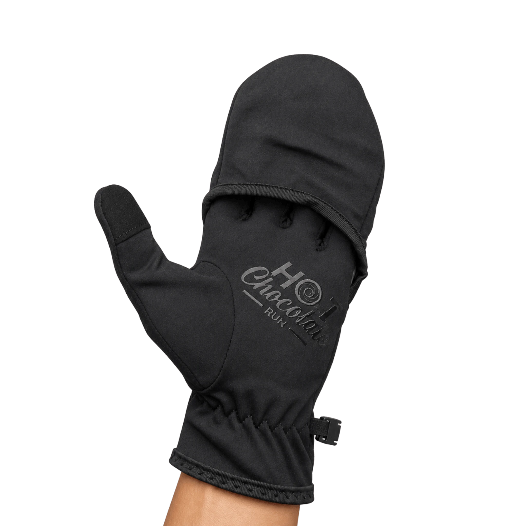 A single black glove shown with converter cover, a small wrist strap and logo reading 'HOT Chocolate Run'