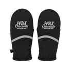 A pair of black gloves with reflective bands and 'HOT Chocolate RUN' printed on the back