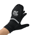 A black running glove worn on a hand, featuring a 'HOT Chocolate RUN' logo on the back of the hand and a reflective gray stripe near the wrist