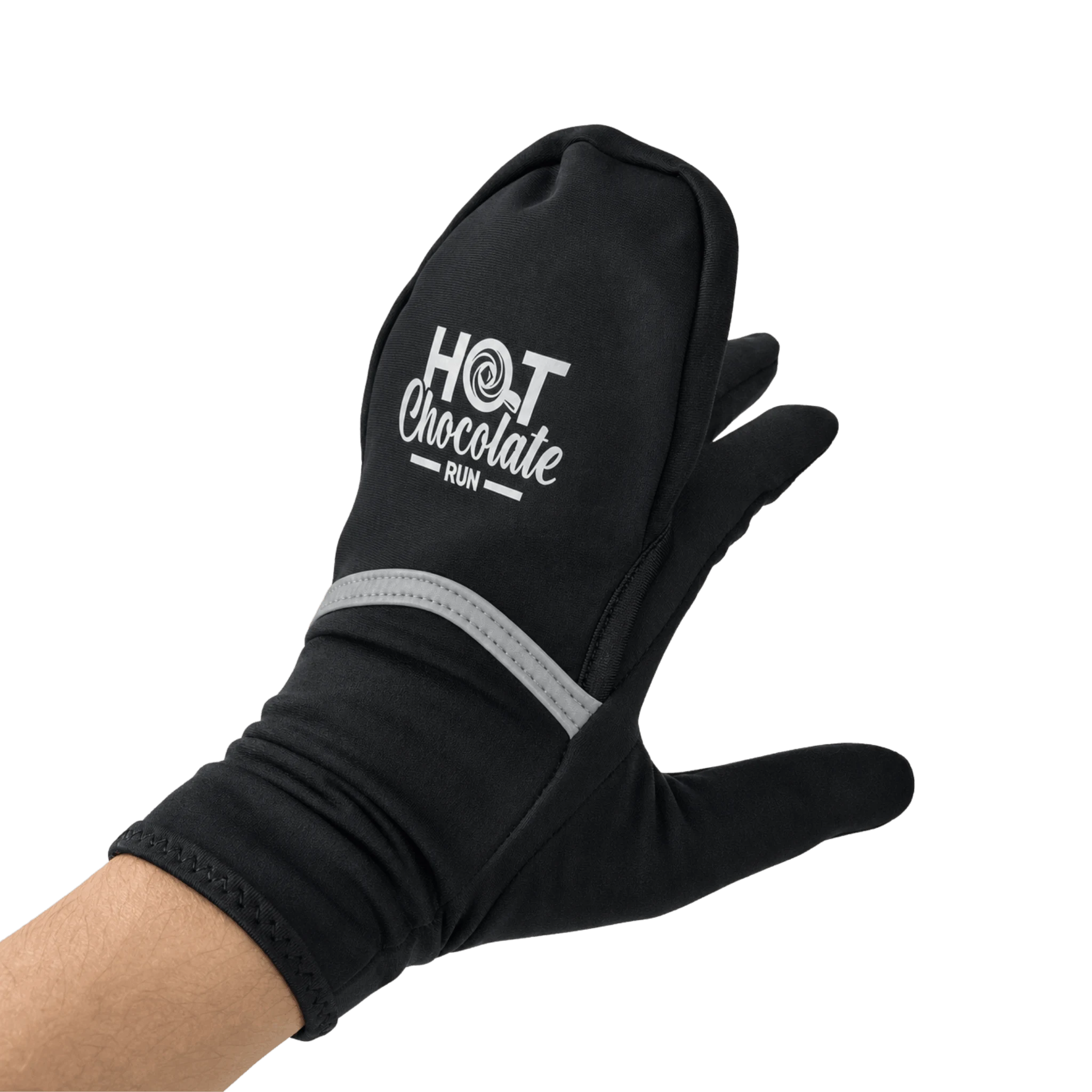 A black running glove worn on a hand, featuring a 'HOT Chocolate RUN' logo on the back of the hand and a reflective gray stripe near the wrist