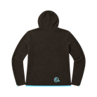 A dark brown Hot Chocolate Run fleece zip-up hoodie from the back with bright light blue trim on the hem and 'hc' logo at the bottom.