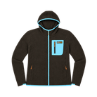 A dark brown Hot Chocolate Run fleece zip-up hoodie with bright light blue trim along the hood, zipper line, pockets, and hem.