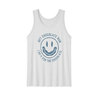 Light gray tank top with a blue smiley face with 'Hot Chocolate Run' and 'I do it for the chocolate' text 