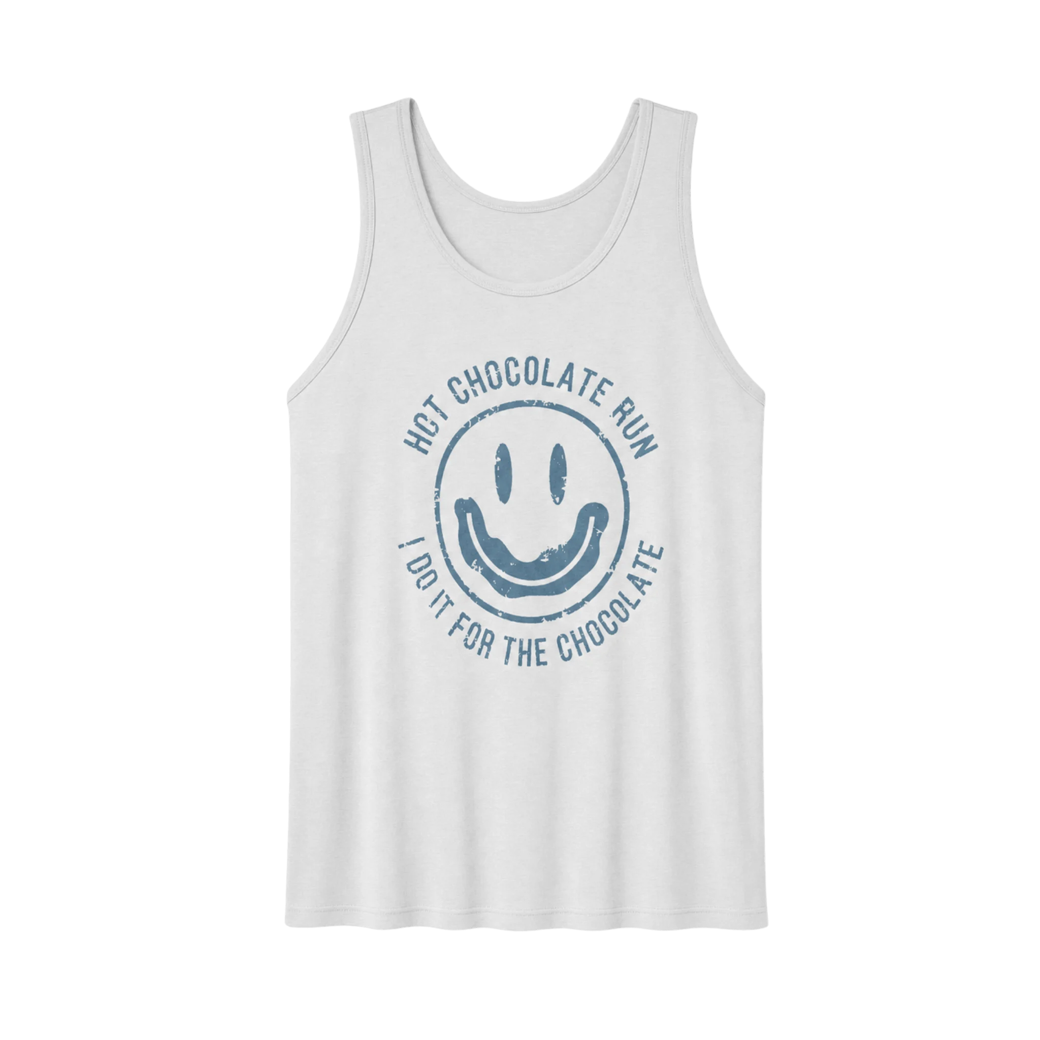 Light gray tank top with a blue smiley face with 'Hot Chocolate Run' and 'I do it for the chocolate' text 