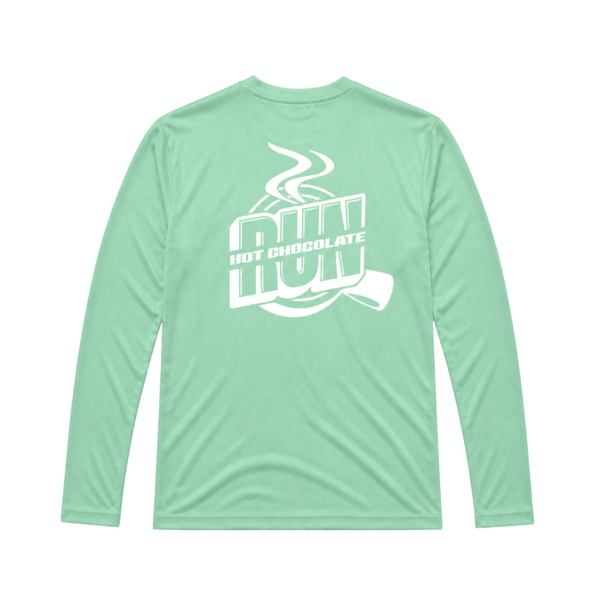 Green long sleeve tee with white Hot Chocolate Run text on back