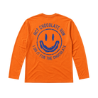 Orange long-sleeve shirt with blue smiley face graphic and Hot Chocolate Run text