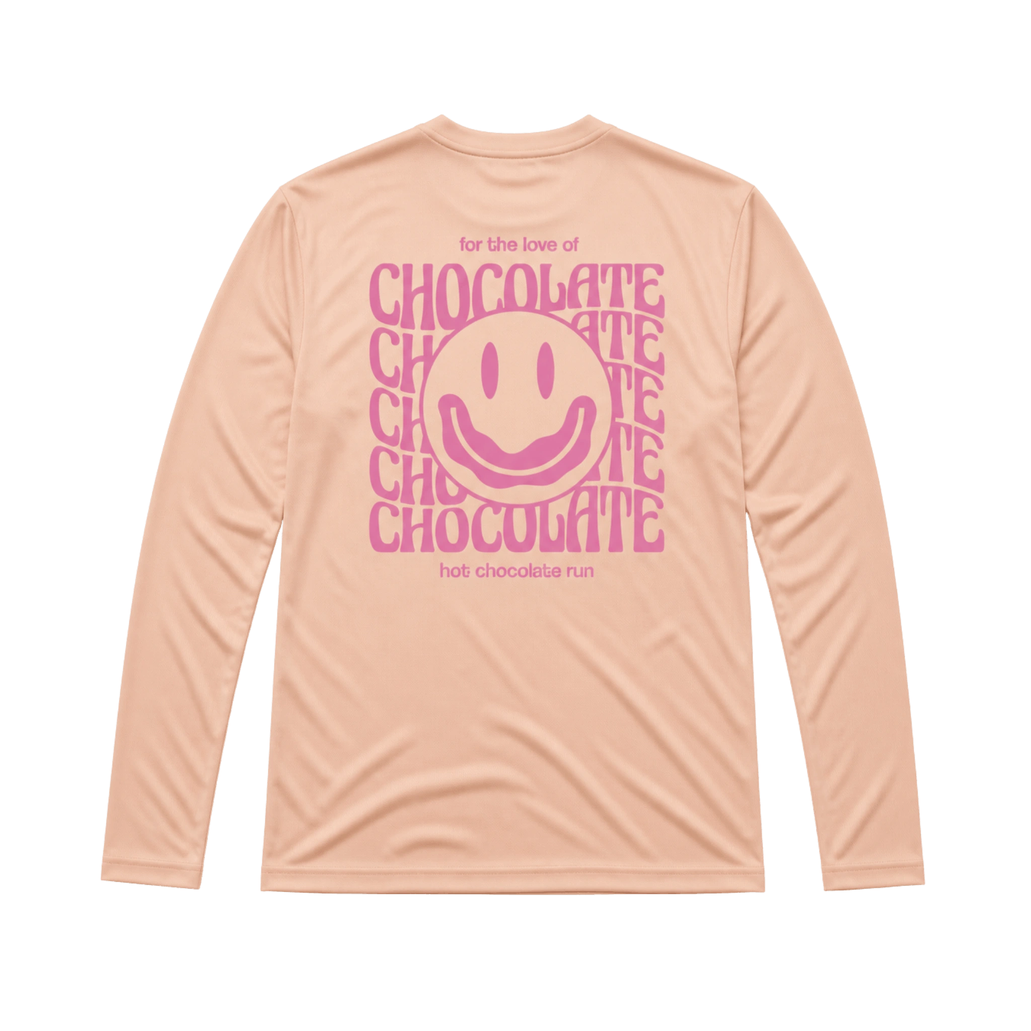 Orange long sleeve tee with pink Hot Chocolate Run text and design