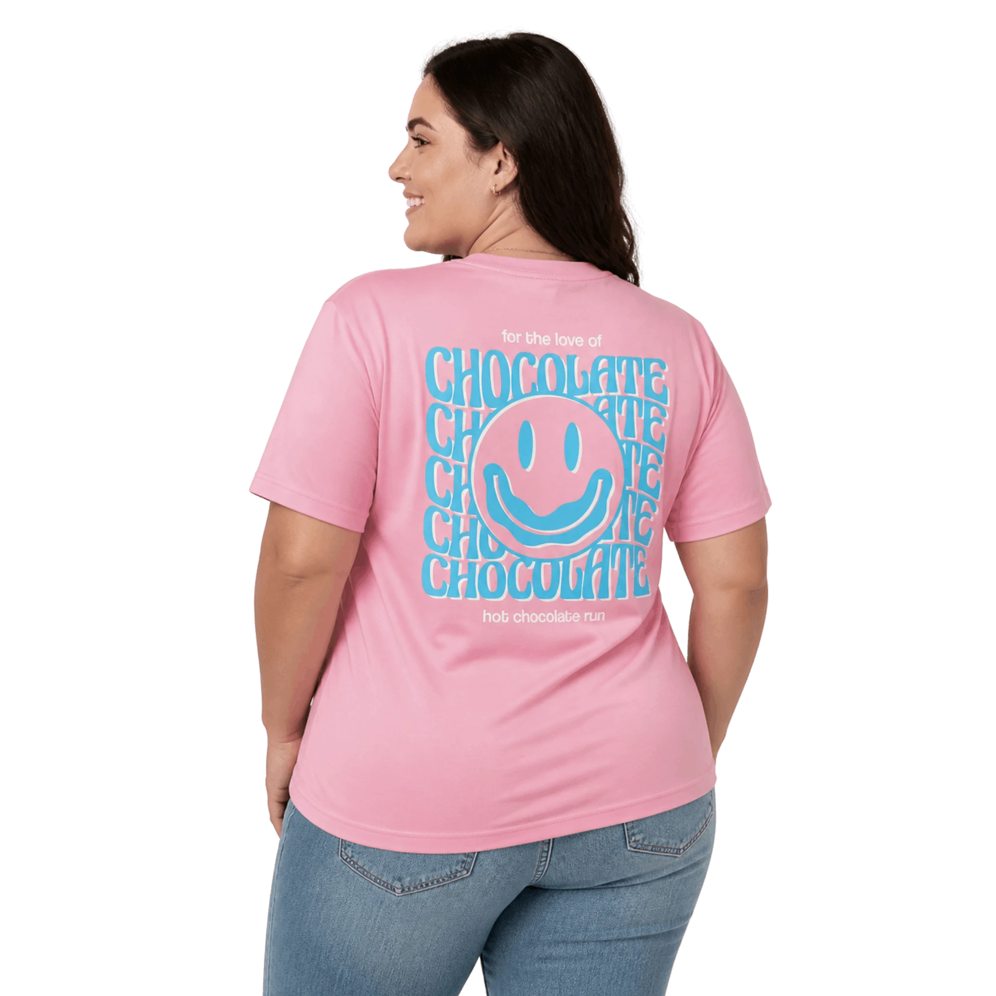 Person wearing a pink t-shirt with a smiley face and Hot Chocolate Run text