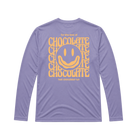 Lavender long sleeve tee with Hot Chocolate Run orange text and design