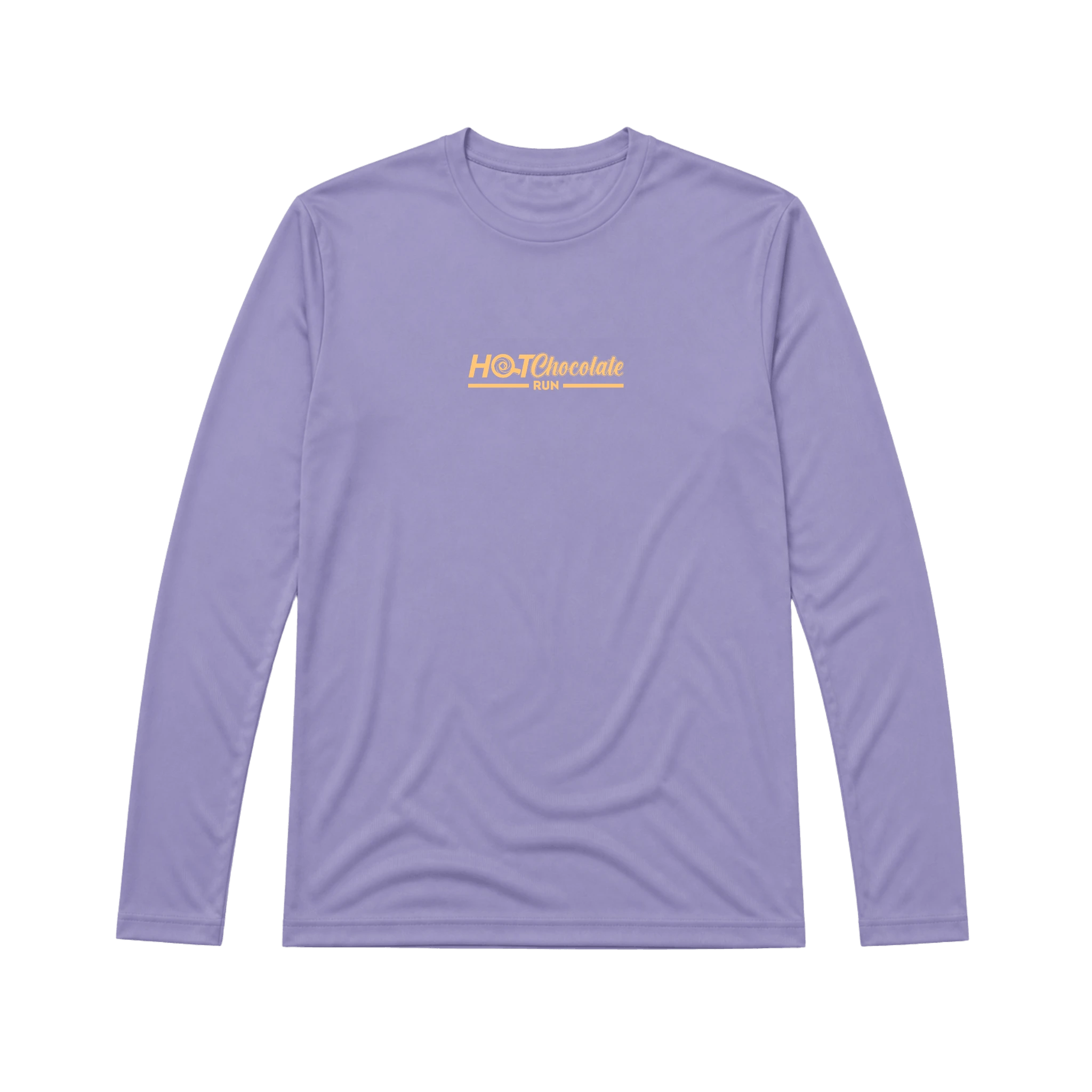 Lavender long sleeve tee with Hot Chocolate Run logo