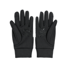 A pair of black winter gloves shown featuring the debossed brand name 'Hot Chocolate Run' on the palms of the hands.
