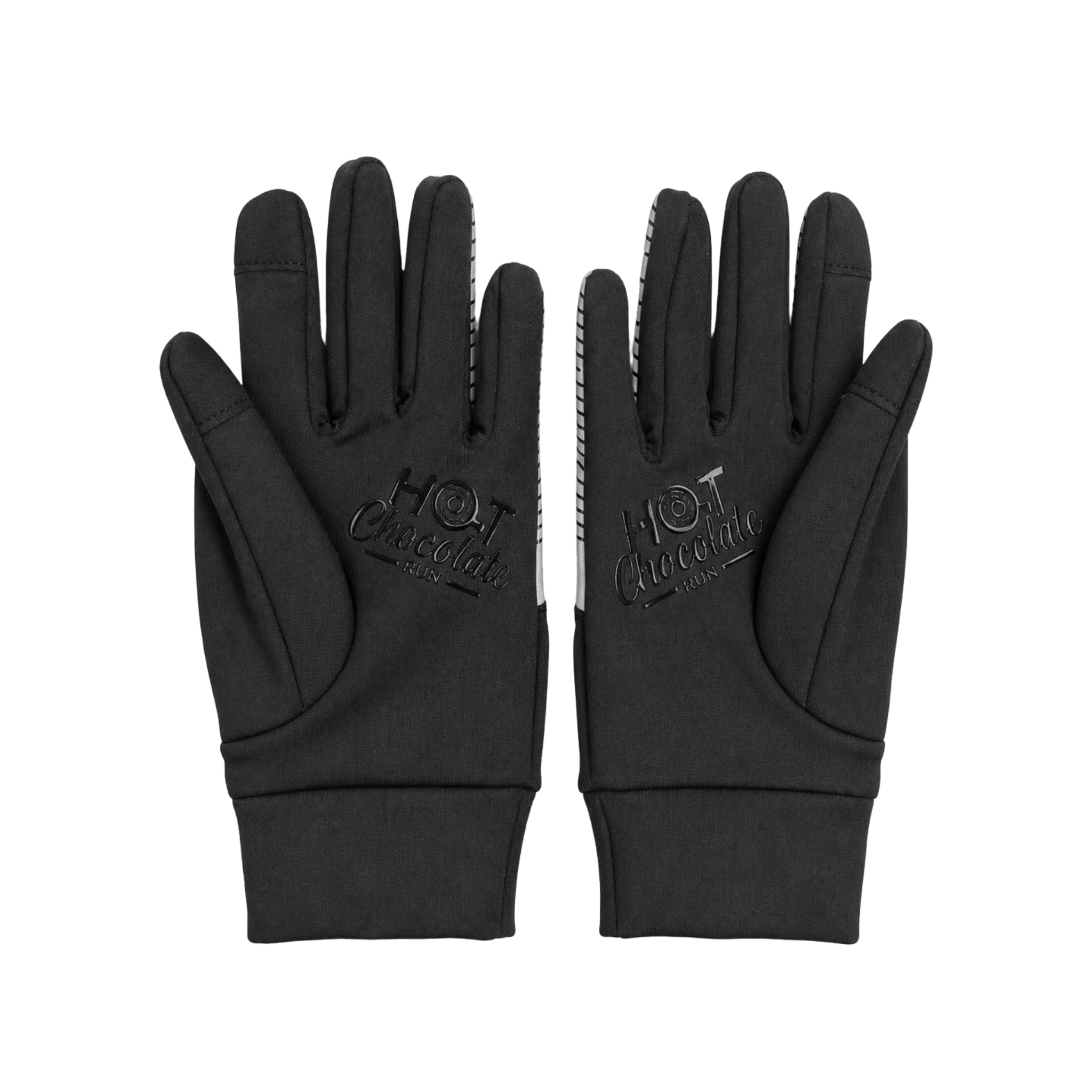 A pair of black winter gloves shown featuring the debossed brand name 'Hot Chocolate Run' on the palms of the hands.