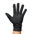 A black glove with a debossed brand logo 'Hot Chocolate Run' on the palm