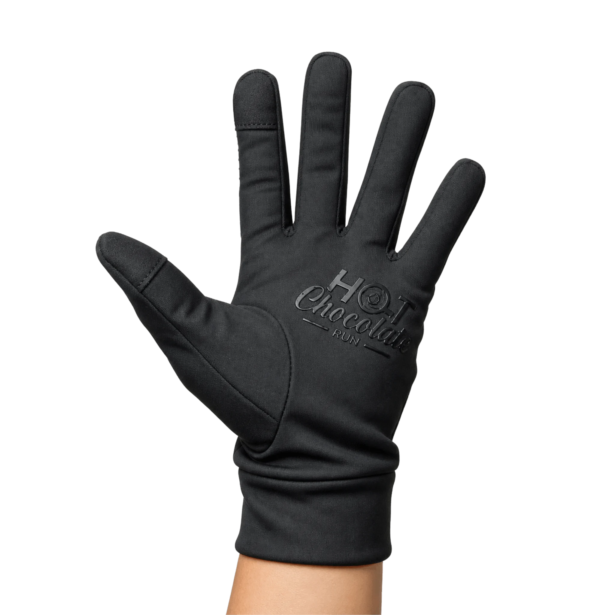A black glove with a debossed brand logo 'Hot Chocolate Run' on the palm