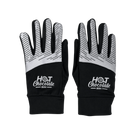 A pair of black and white running gloves with the brand logo 'HOT Chocolate RUN' printed on the back of the hands