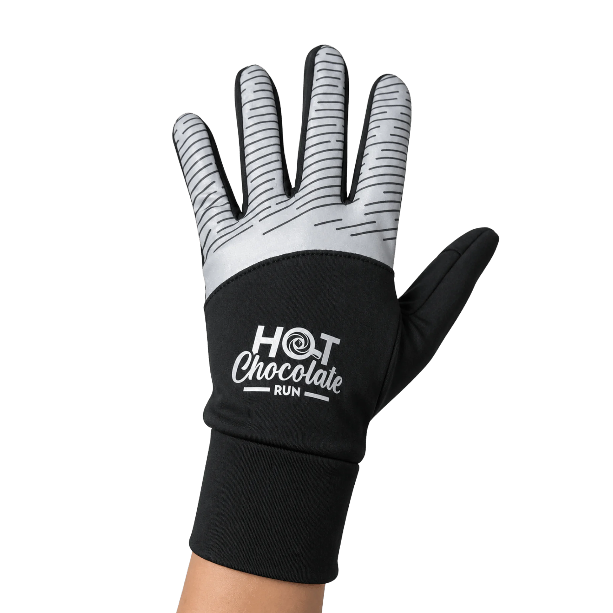A single glove shown on a person's hand with black cuff and reflective striped details