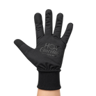 A black running glove on a person's hand with a logo that reads 'HOT Chocolate RUN'