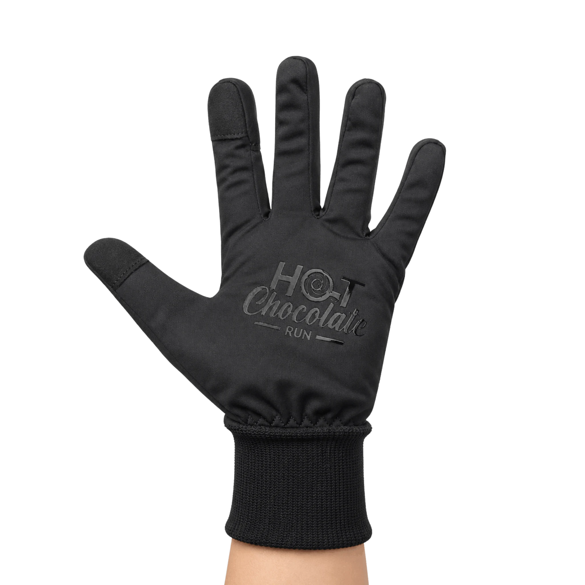 A black running glove on a person's hand with a logo that reads 'HOT Chocolate RUN'
