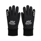 A pair of black running gloves with white 'HOT Chocolate RUN' text and white three-stripe reflective details on the fingers.