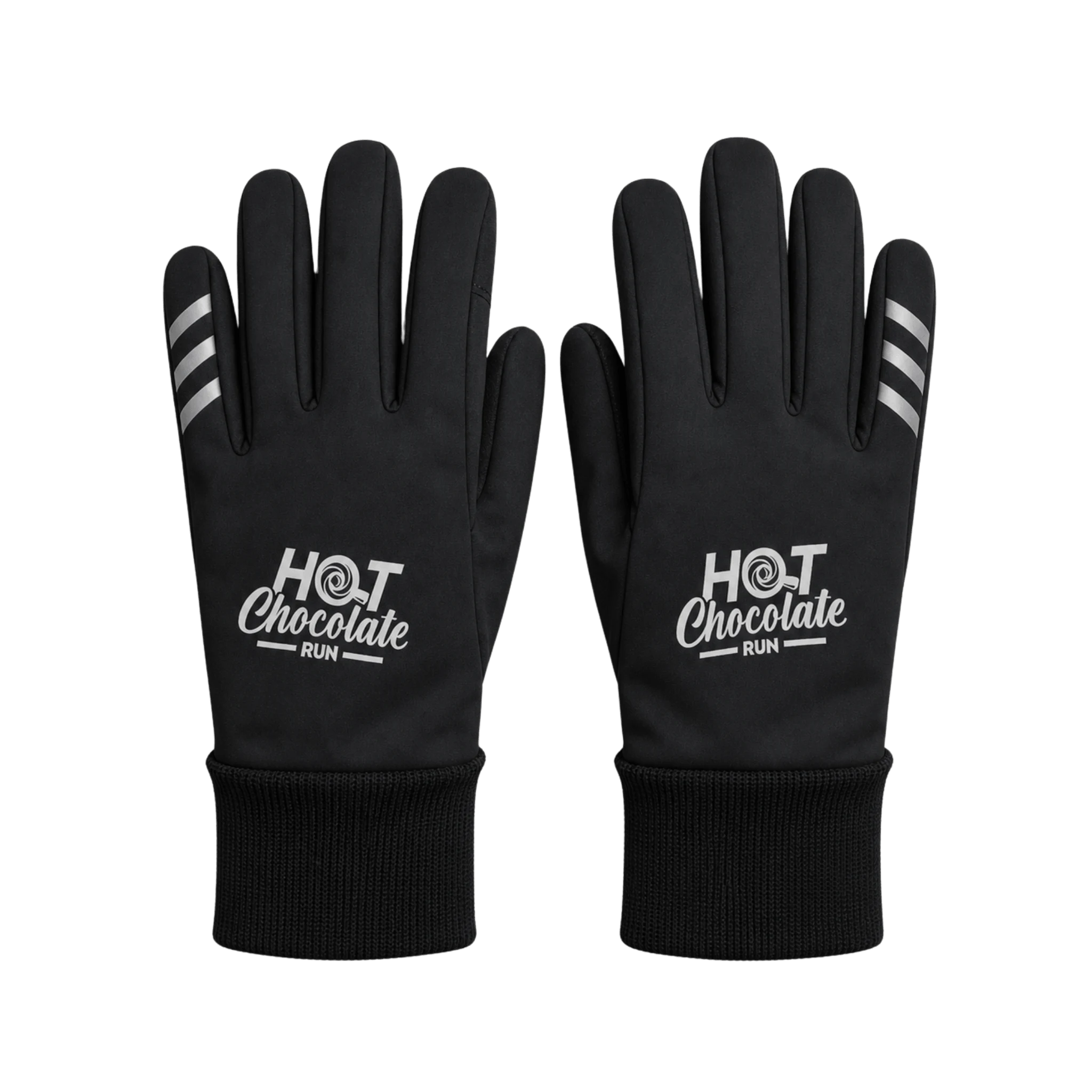 A pair of black running gloves with white 'HOT Chocolate RUN' text and white three-stripe reflective details on the fingers.