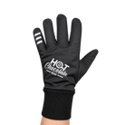 A single black running glove worn on a hand, featuring white text that reads 'HOT Chocolate RUN' and three reflective stripes on the index finger