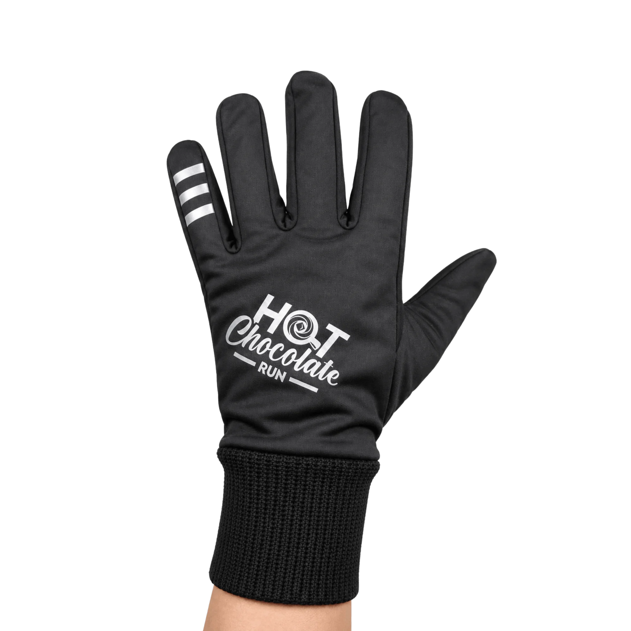 A single black running glove worn on a hand, featuring white text that reads 'HOT Chocolate RUN' and three reflective stripes on the index finger