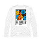 A white long-sleeve tee with collage of smiling faces with the text Hot Chocolate Run