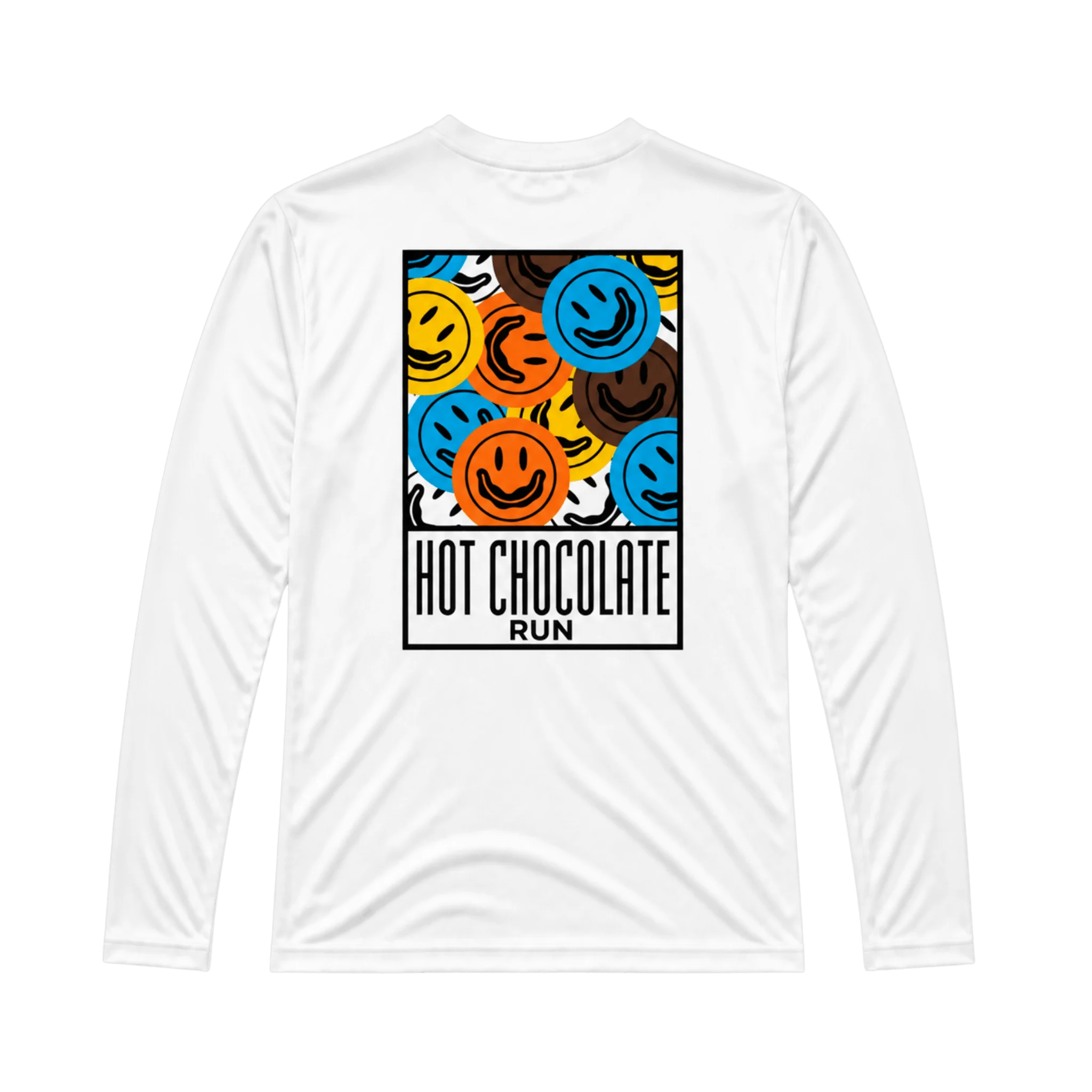 A white long-sleeve tee with collage of smiling faces with the text Hot Chocolate Run