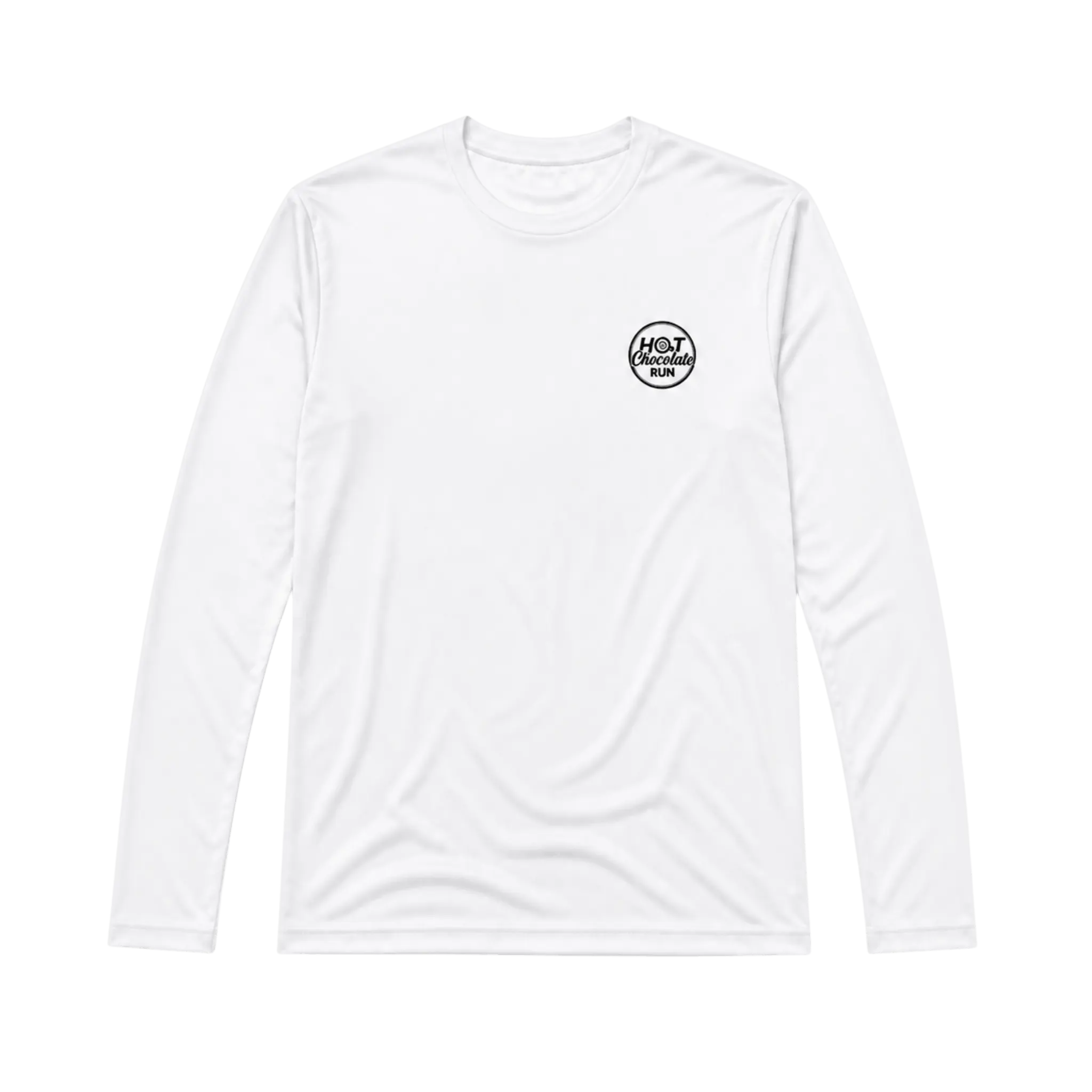 A white long-sleeve tee with Hot Chocolate Run logo