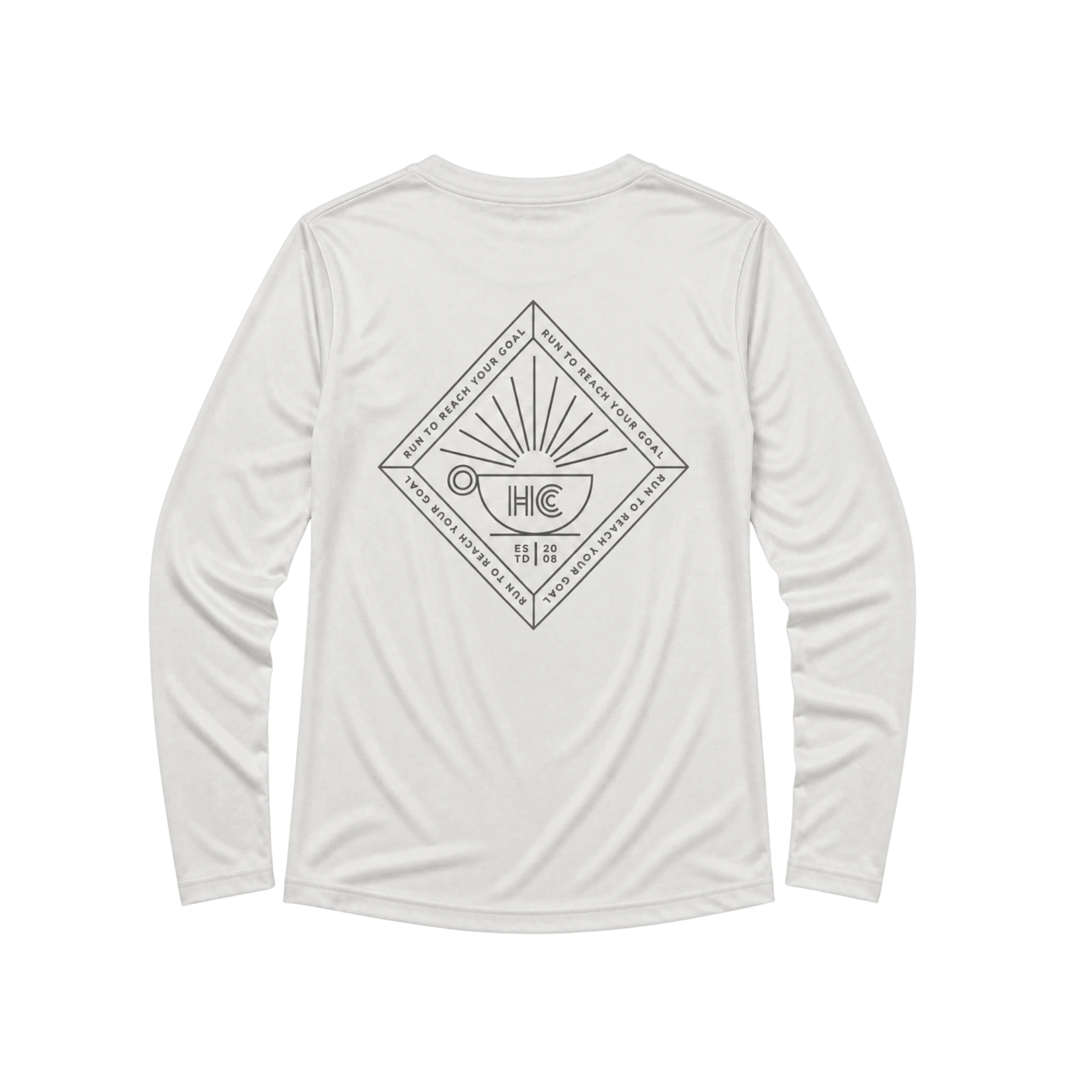 Light gray brown long-sleeve shirt with a logo on the back 