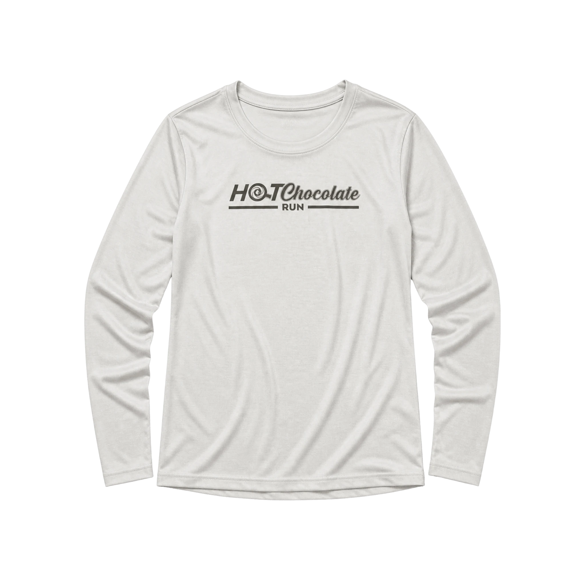Light gray brown long-sleeve shirt with 'Hot Chocolate Run' text 