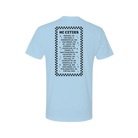 Light blue t-shirt with black text and checkered pattern