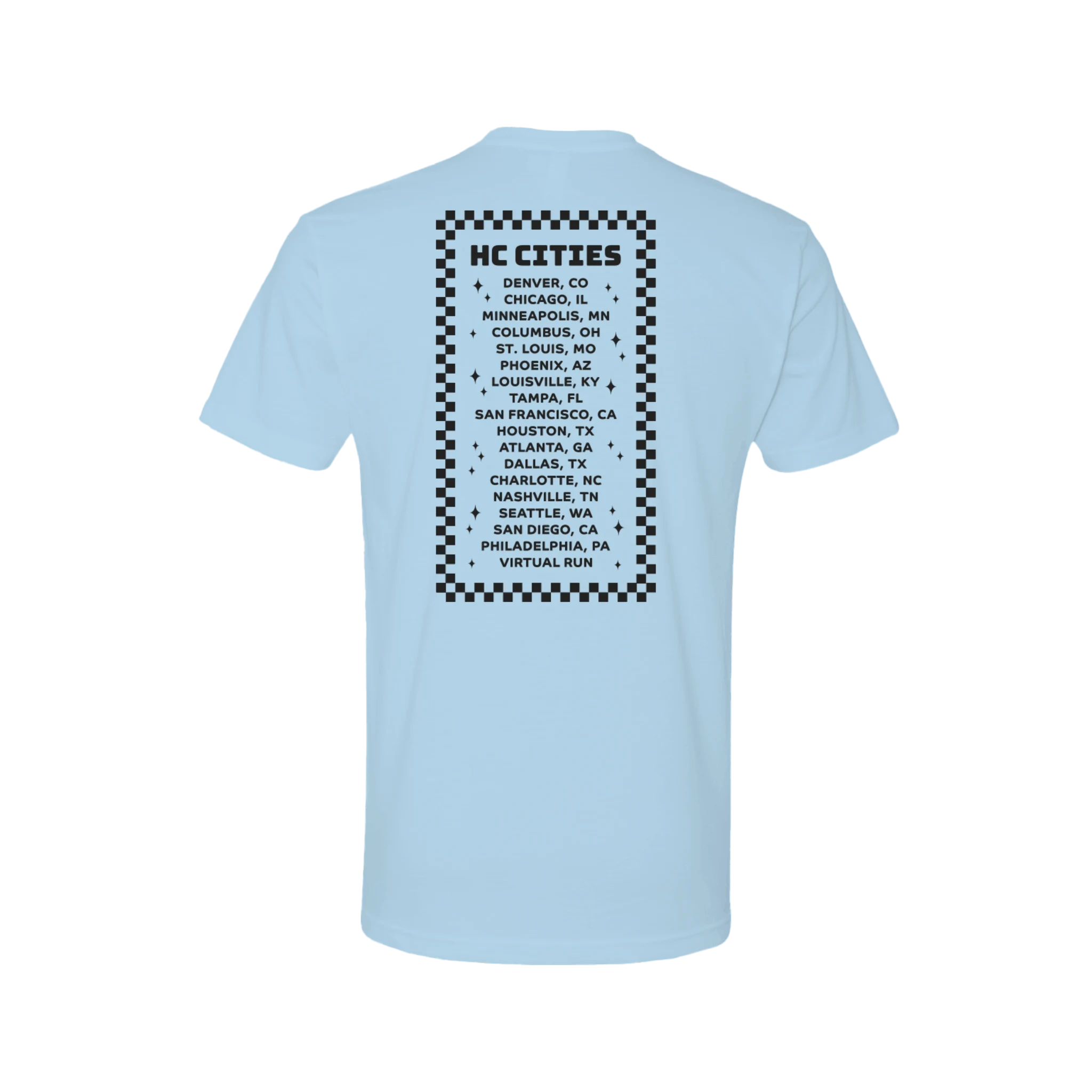 Light blue t-shirt with black text and checkered pattern