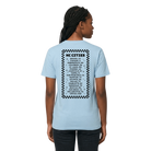 Person wearing a light blue t-shirt with black text and checkered pattern