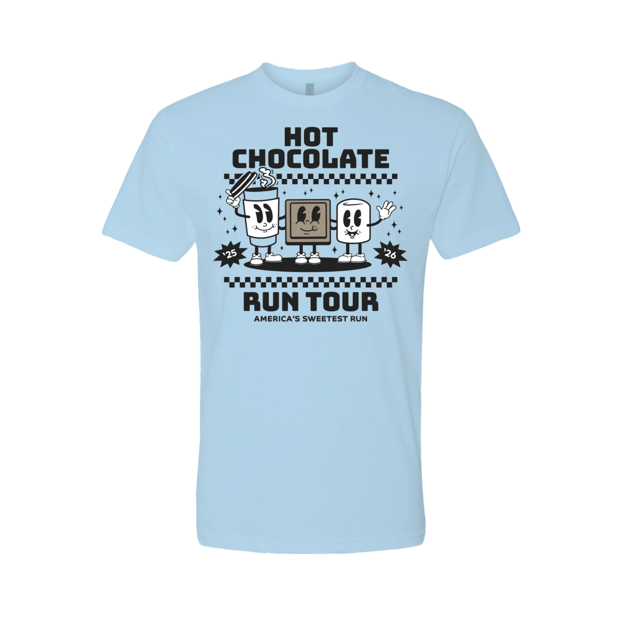 Light blue t-shirt with Hot Chocolate Run characters and text