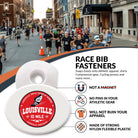 Race bib fastener with Louisville 10 Mile branding on a street race background