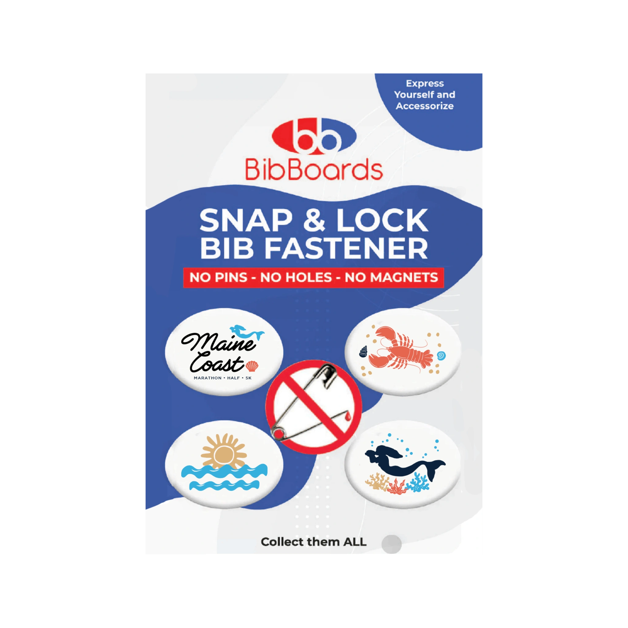 Bib Boards Snap & Lock Bib Fastener packaging with Maine Cost Marathon branding 