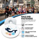Runners on a street with race bib fasteners displayed, featuring a mermaid design and informational text