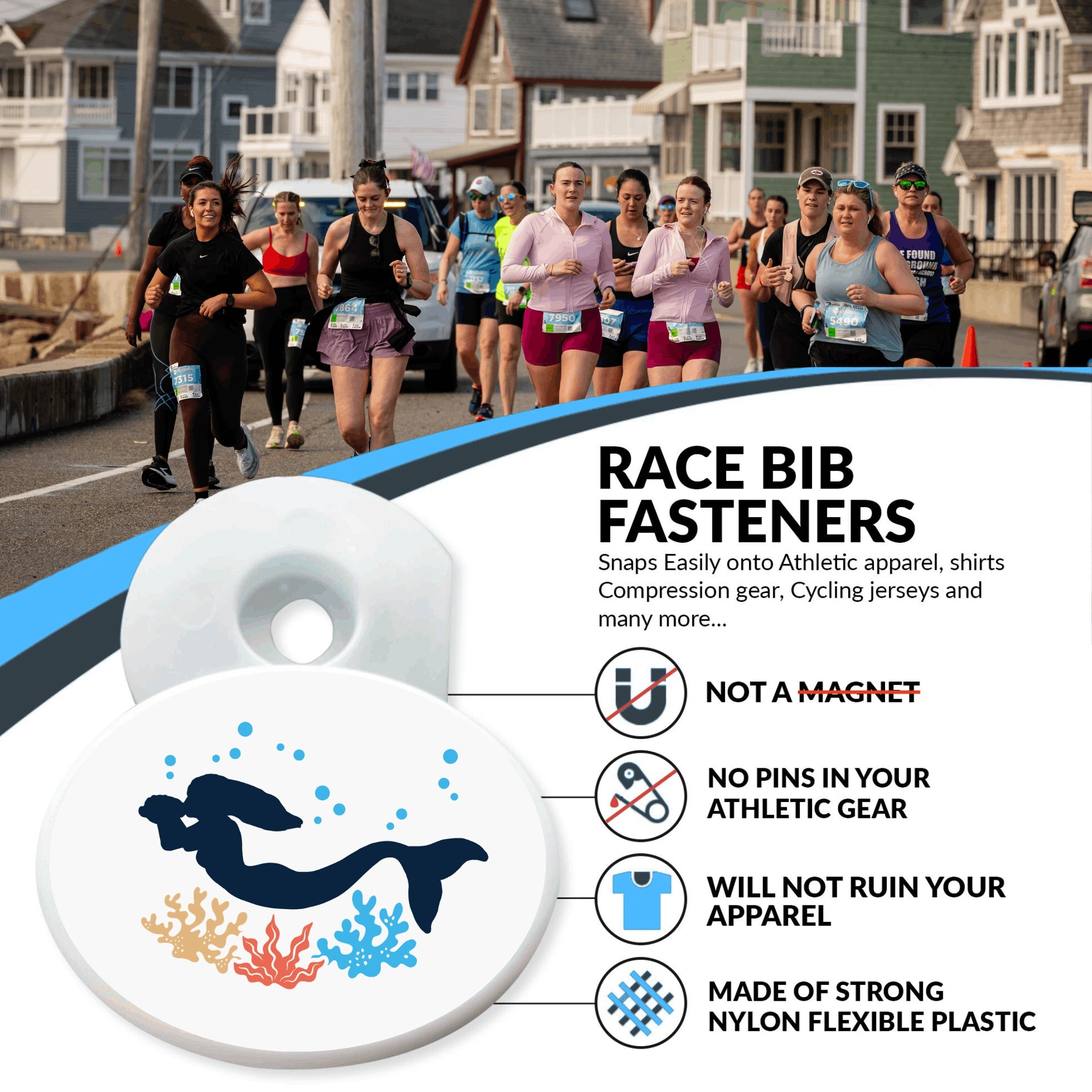 Runners on a street with race bib fasteners displayed, featuring a mermaid design and informational text