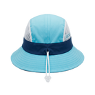 Light blue bucket hat with navy band and white mesh 