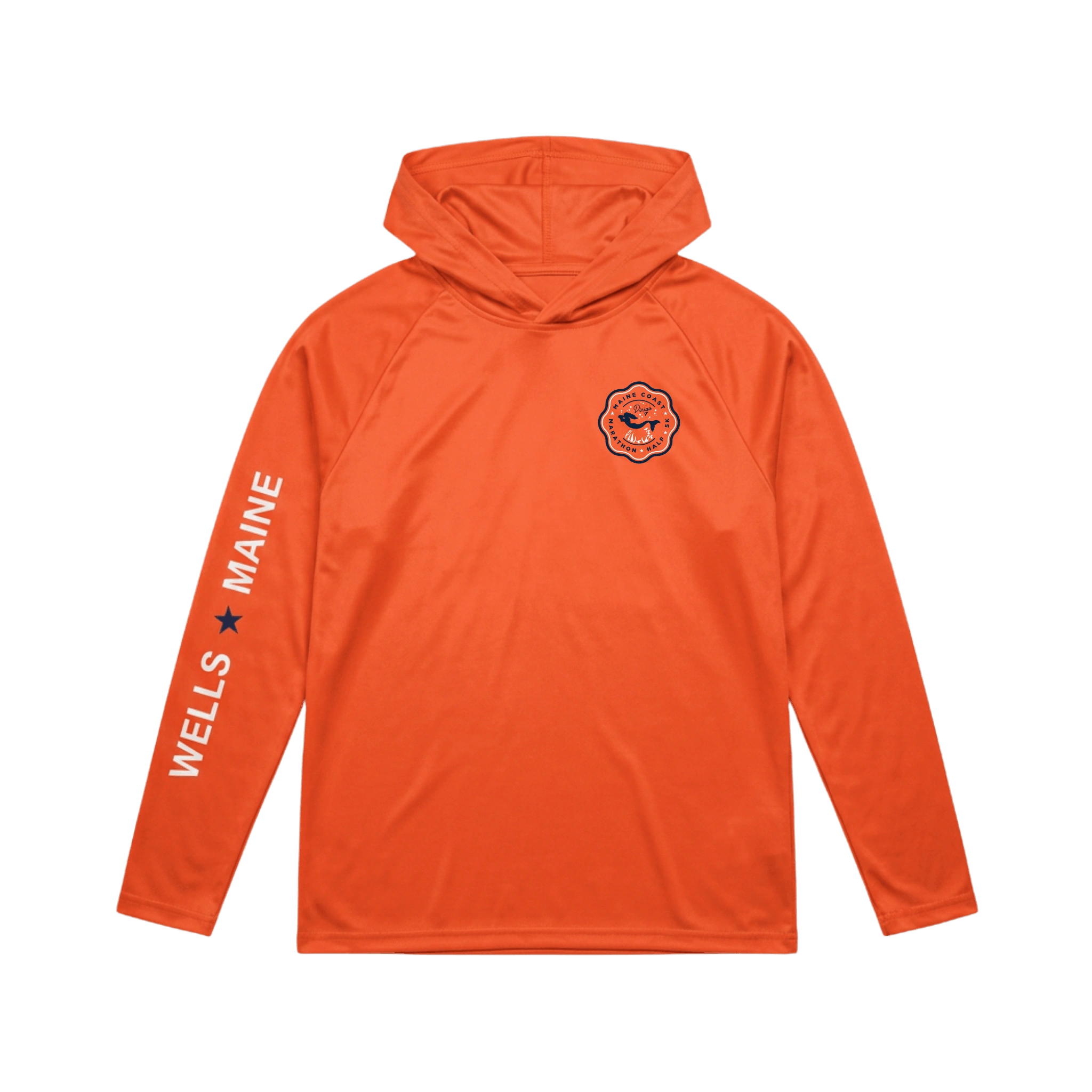 Orange hoodie with 'Wells, Maine' text on sleeve and Maine Coast Marathon logo on chest 