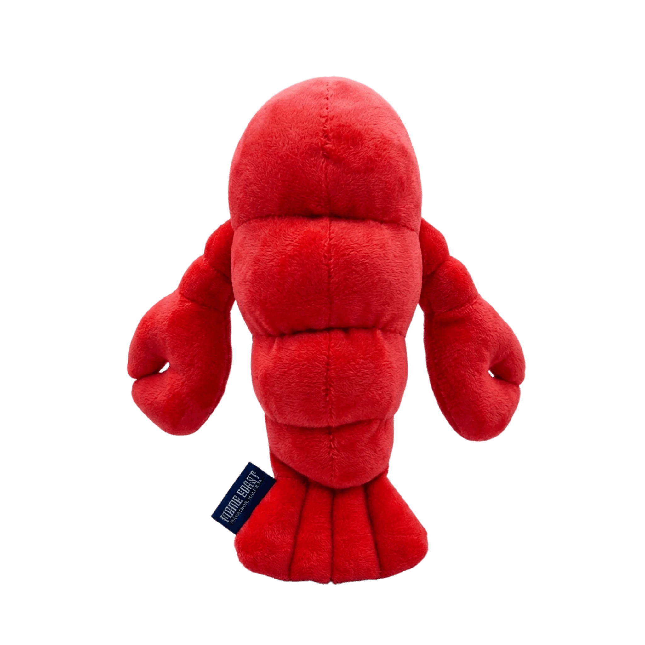 Back of red plush lobster toy with a visible tag 