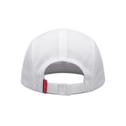 Back of a white cap with a red tag