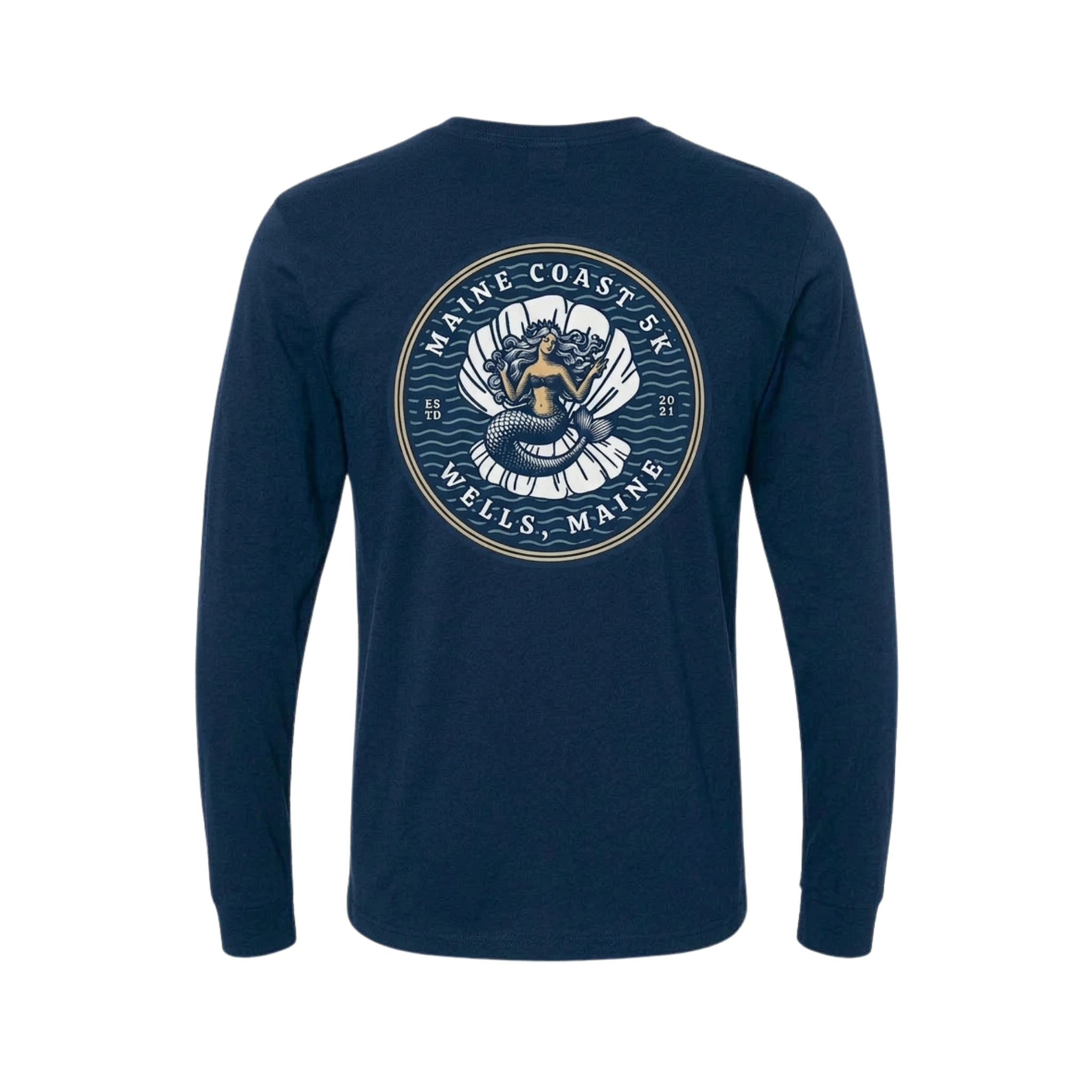 Navy blue long-sleeve shirt with a circular mermaid design on the back, featuring text and graphics