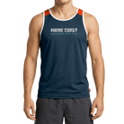 Person wearing a navy tank top with 'Maine Coast Marathon, Half & 5K' text