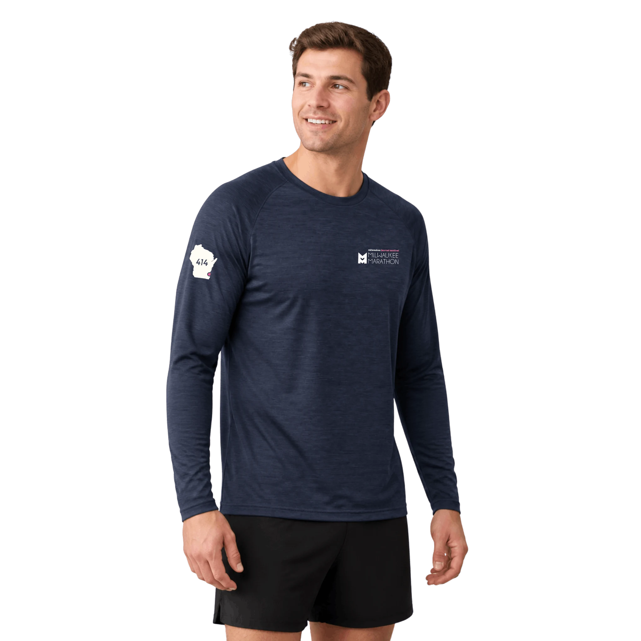 Man wearing a navy long-sleeve shirt with Milwaukee Marathon logo