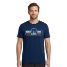 Man wearing a navy blue t-shirt with 'North Shore Classic Finisher' text and logo