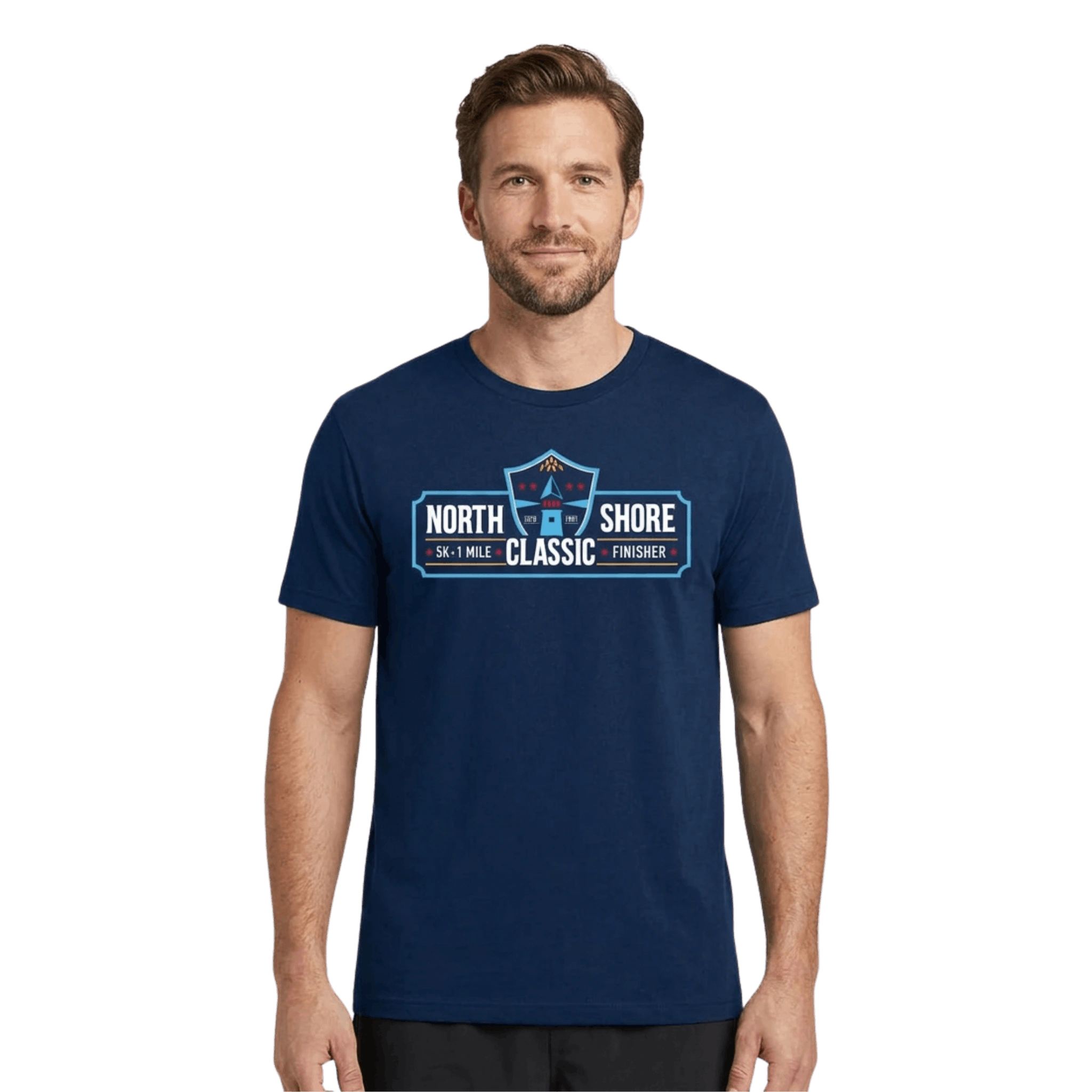 Man wearing a navy blue t-shirt with 'North Shore Classic Finisher' text and logo